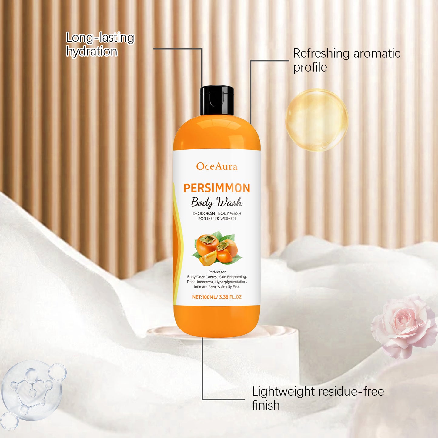 Gel de Duș cu Persimmons – Curățare Profundă, Controlul Mirosurilor, Exfoliere Delicată și Aromă de Lungă Durată