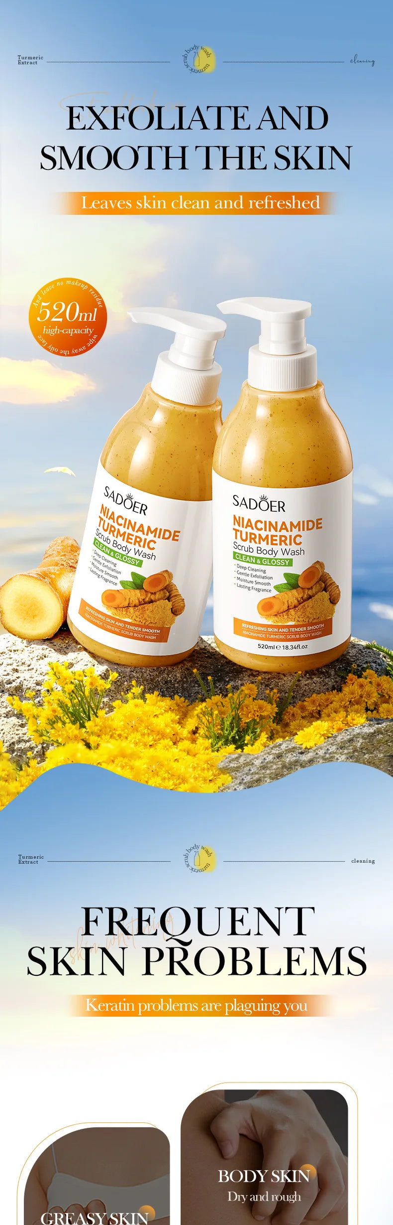 Gel de Duș Exfoliant cu Turmeric și Niacinamide – 520 ml, Iluminare și Curățare Profundă pentru Subraț, Picioare și Corp