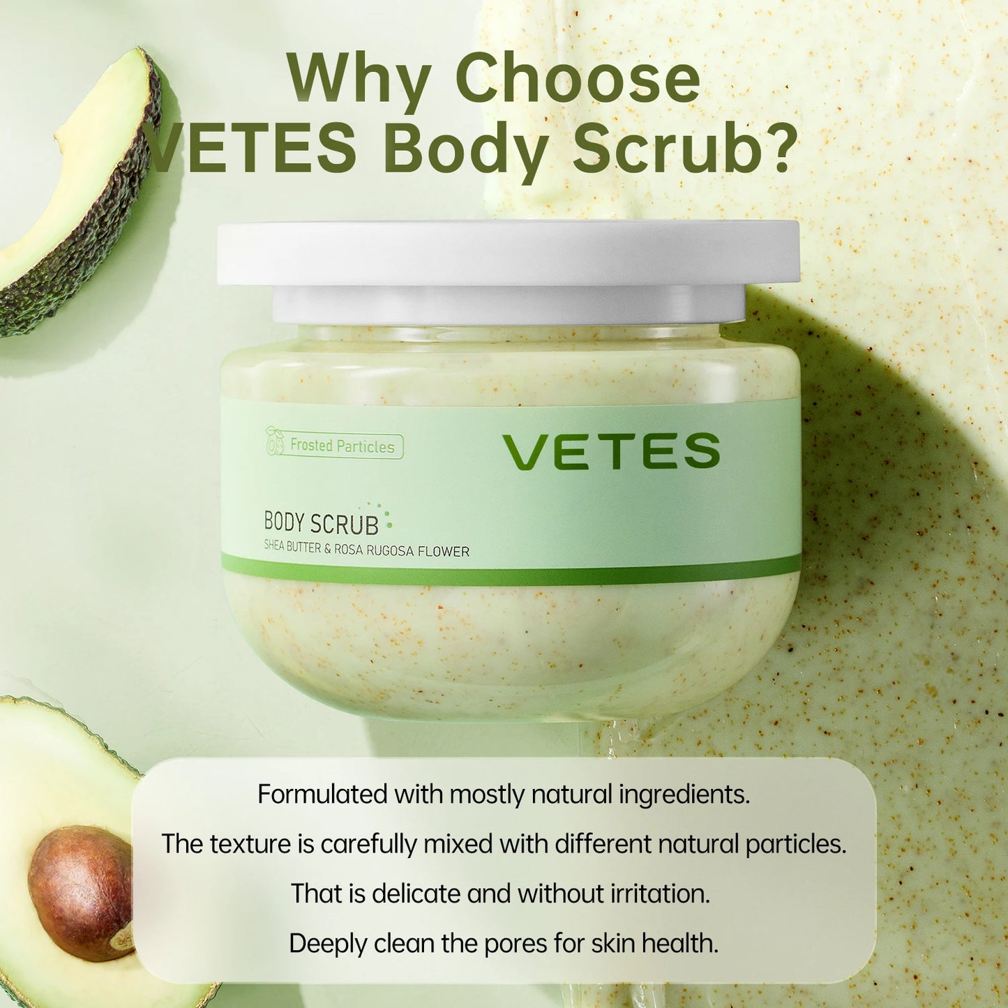 Scrub Exfoliant pentru Corp VETES – 250g, Îndepărtează Celulele Moarte, Hidratează Intens, Curățare Profundă, Potrivit pentru Toate Tipurile de Piele