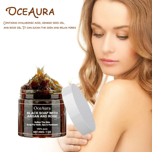 Săpun Negru Marocan cu Argan și Trandafir – Exfoliere, Curățare Profundă, Îndepărtarea Celulelor Moarte, 200g – OceAura