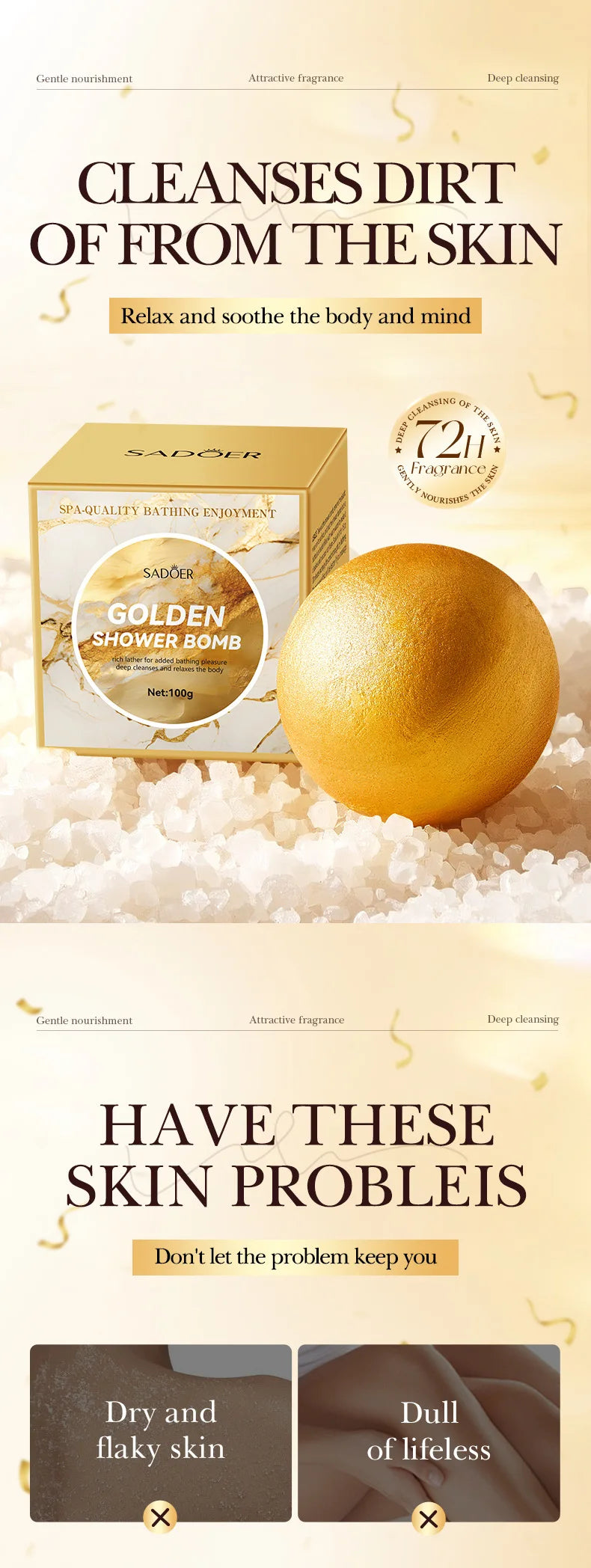 Bilă de Baie Efervescentă cu Sare de Mare – Gold Bath Salt Ball 100g, Curățare Profundă & Relaxare