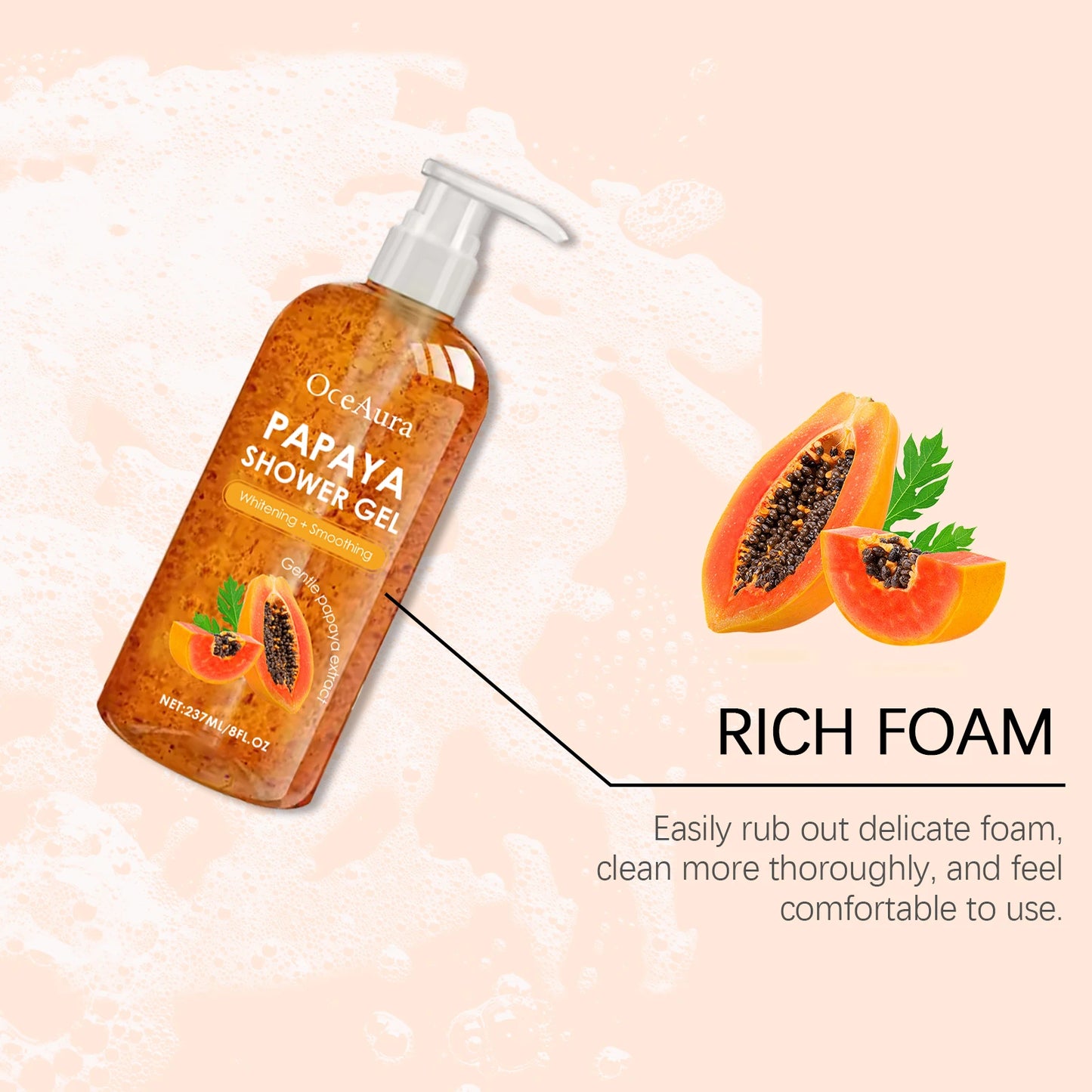 Gel de Duș Hidratant cu Papaya – Curățare Delicată, Iluminare Ten, Hidratare Profundă, Înmuiere Keratină, Piele Catifelată și Parfum Plăcut