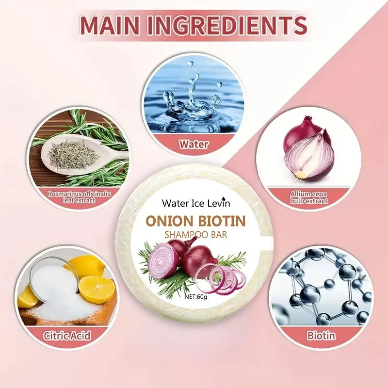 Șampon Solid cu Ceapă & Biotină – 60g, Anti-Cădere, Hidratare și Regenerare, cu Extract de Rozmarin