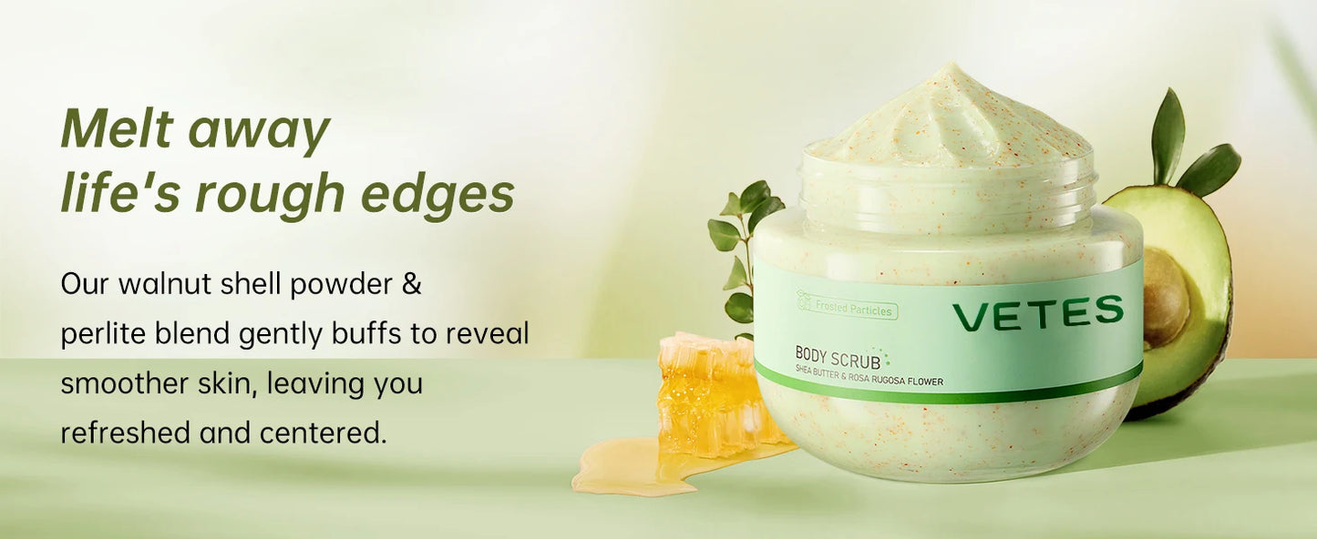 Scrub Exfoliant pentru Corp VETES – 250g, Îndepărtează Celulele Moarte, Hidratează Intens, Curățare Profundă, Potrivit pentru Toate Tipurile de Piele