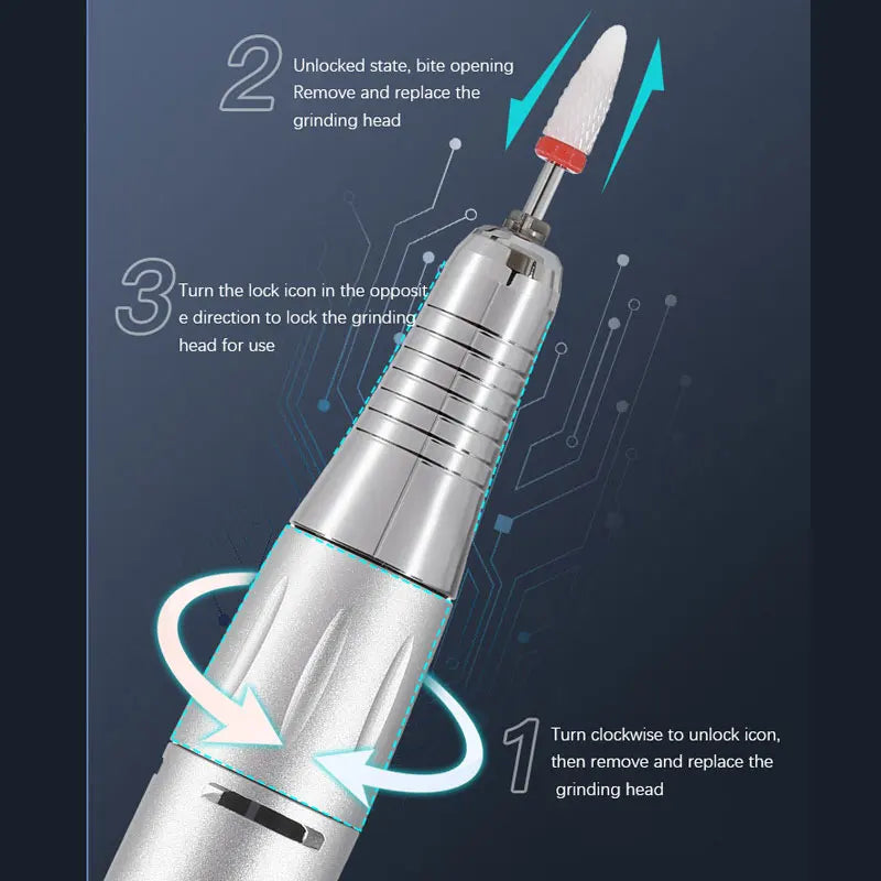 Freza Electrică Profesională 35.000 RPM – Portabilă, Reîncărcabilă, pentru Manichiură și Pedichiură | Set Complet pentru Salons & Home
