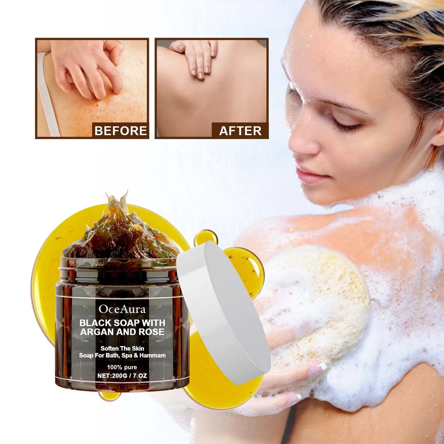 Săpun Negru Marocan cu Argan și Trandafir – Exfoliere, Curățare Profundă, Îndepărtarea Celulelor Moarte, 200g – OceAura