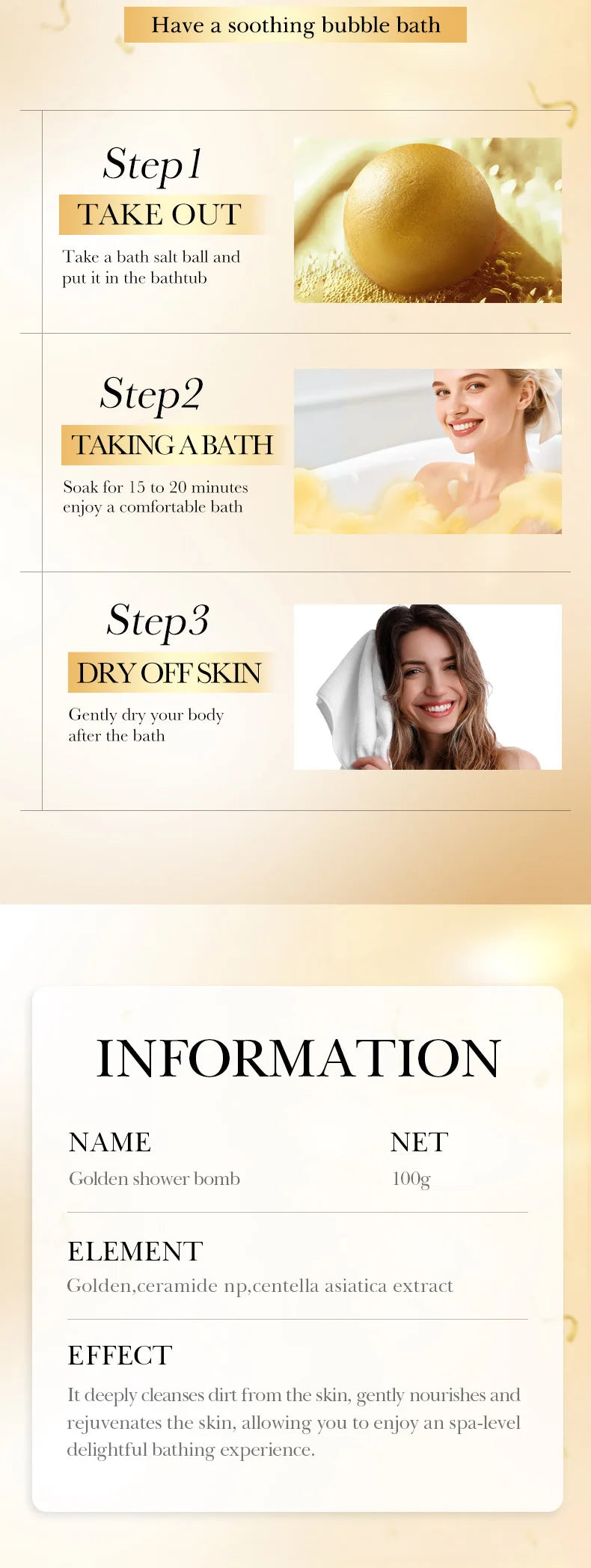 Bilă de Baie Efervescentă cu Sare de Mare – Gold Bath Salt Ball 100g, Curățare Profundă & Relaxare