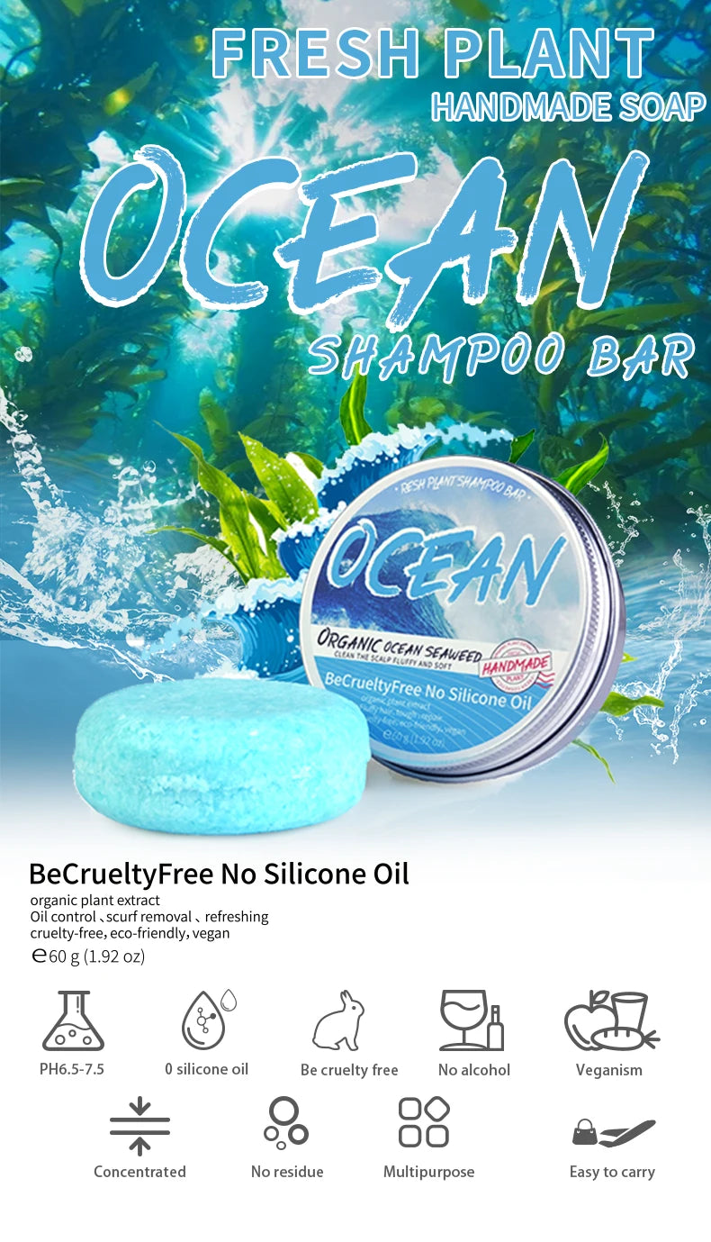 Șampon Solid Ocean – Curățare Profundă, Îndepărtare Sebum, Eliminare Mătreață, Sare de Mare, Formulă pe Bază de Plante, Revigorant & Purifiant