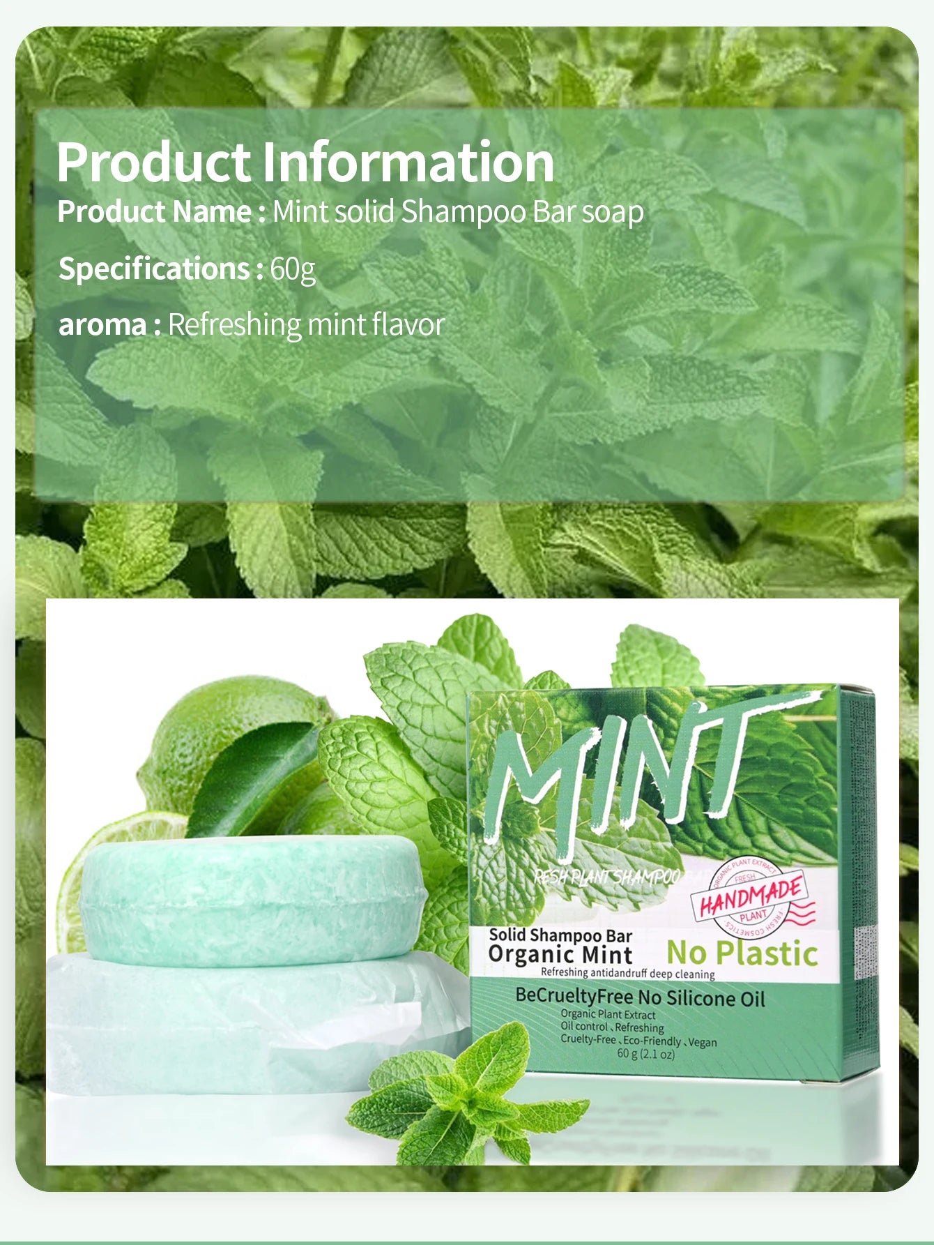 Șampon solid pe bază de mentă, cu efect răcoritor și revitalizant. Curăță scalpul, reduce excesul de sebum și lasă părul fresh și plin de volum.