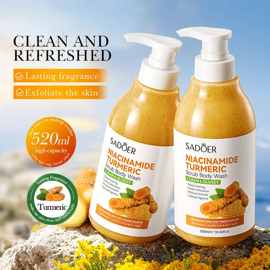 Gel de Duș Exfoliant cu Turmeric și Niacinamide – 520 ml, Iluminare și Curățare Profundă pentru Subraț, Picioare și Corp