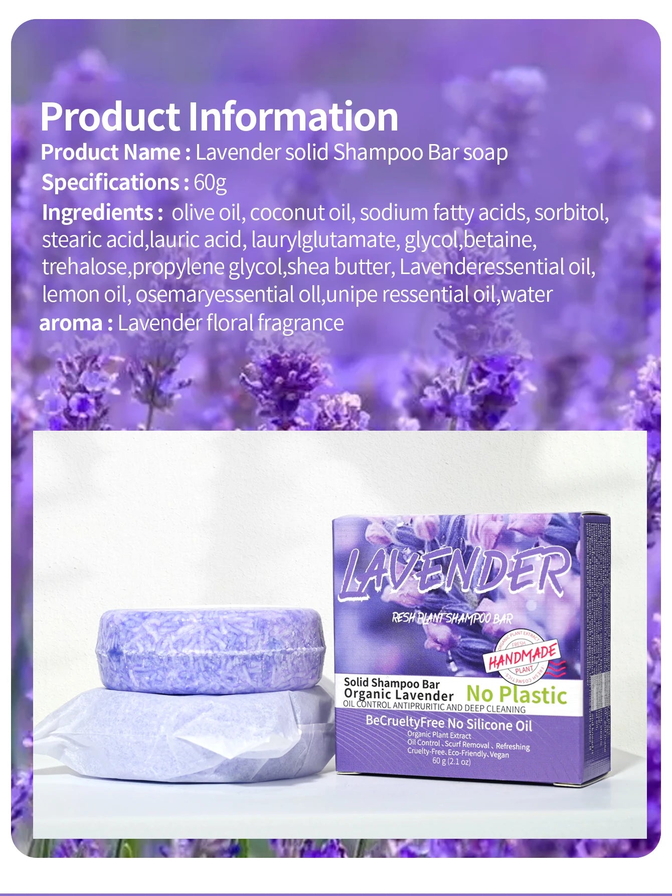 Șampon Solid cu Ulei Esențial de Lavandă – Handmade, Anti-Cădere, Calmarea Scalpului, Curățare Delicată – 60g