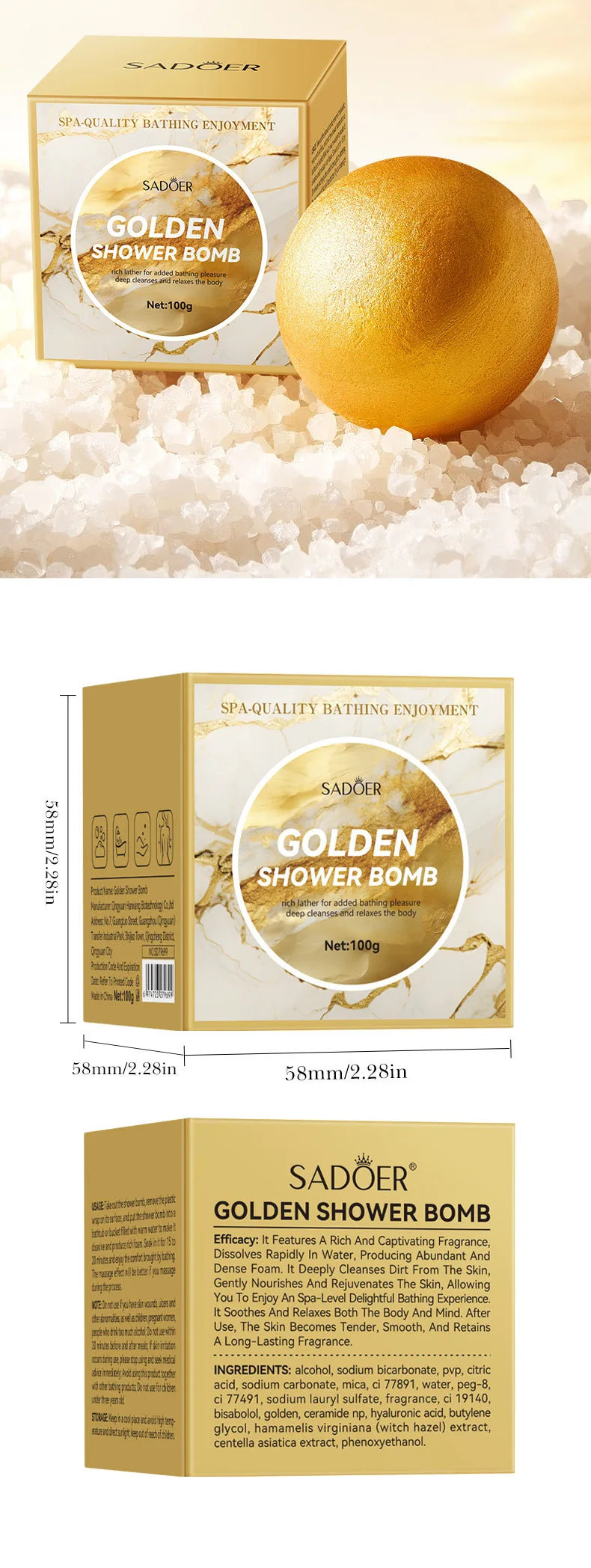 Bilă de Baie Efervescentă cu Sare de Mare – Gold Bath Salt Ball 100g, Curățare Profundă & Relaxare