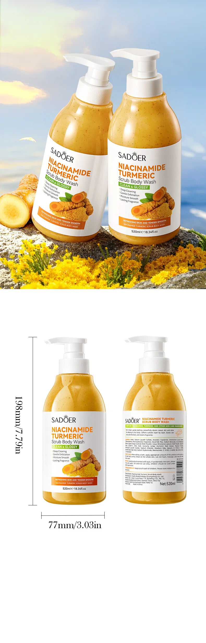 Gel de Duș Exfoliant cu Turmeric și Niacinamide – 520 ml, Iluminare și Curățare Profundă pentru Subraț, Picioare și Corp