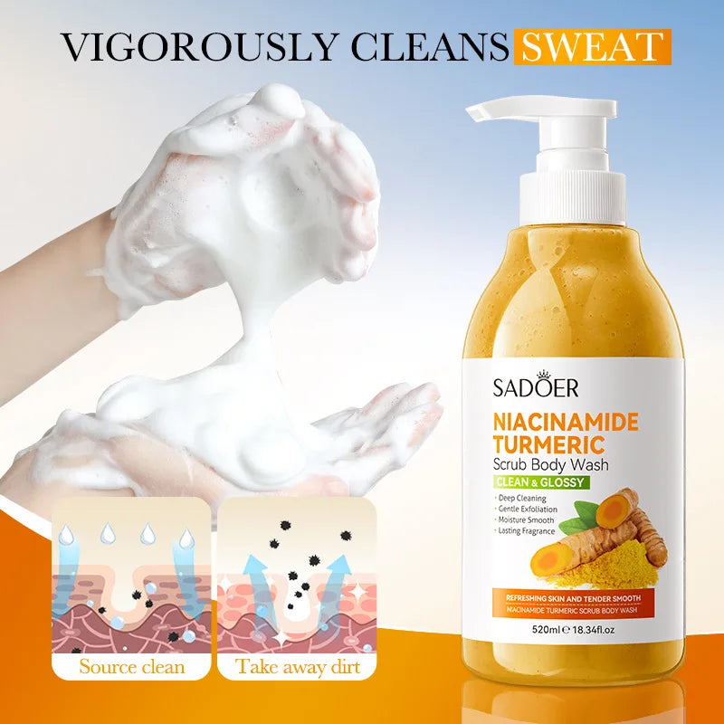 Gel de Duș Exfoliant cu Turmeric și Niacinamide – 520 ml, Iluminare și Curățare Profundă pentru Subraț, Picioare și Corp