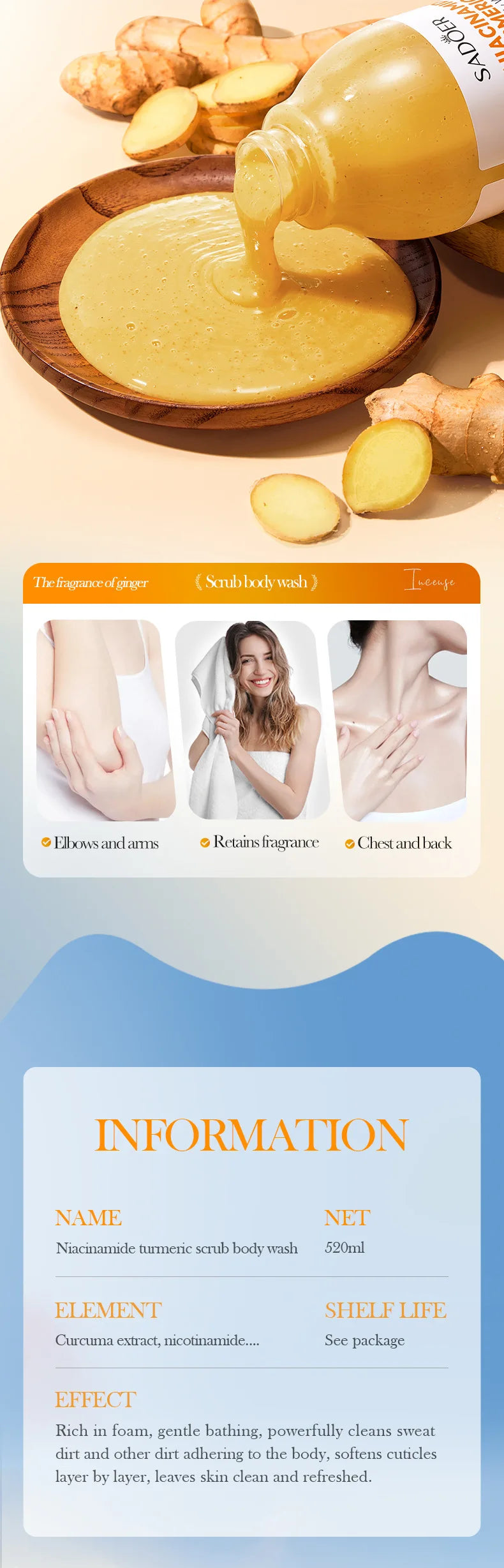 Gel de Duș Exfoliant cu Turmeric și Niacinamide – 520 ml, Iluminare și Curățare Profundă pentru Subraț, Picioare și Corp