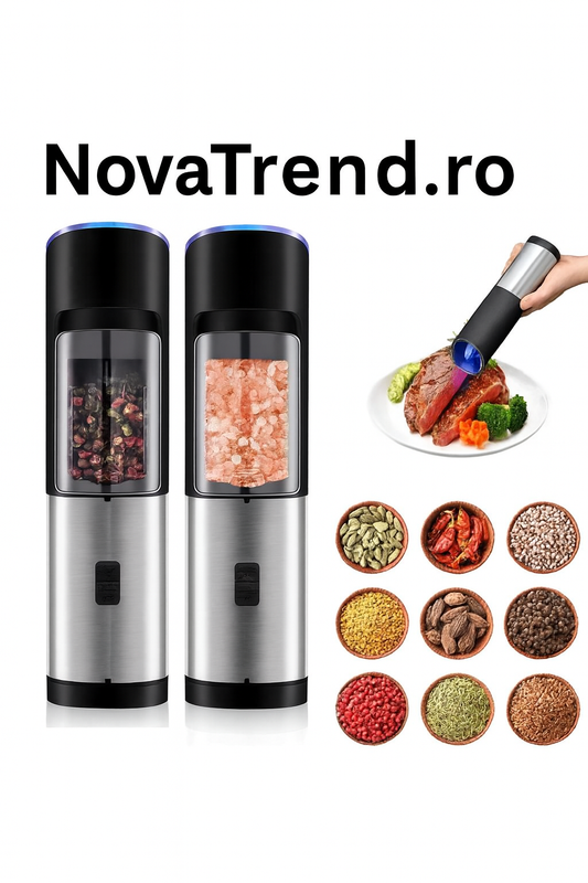 Set 1/2 Râșnițe electrice pentru sare și piper cu senzor gravitațional și lumină LED – Fashome, măcinare reglabilă