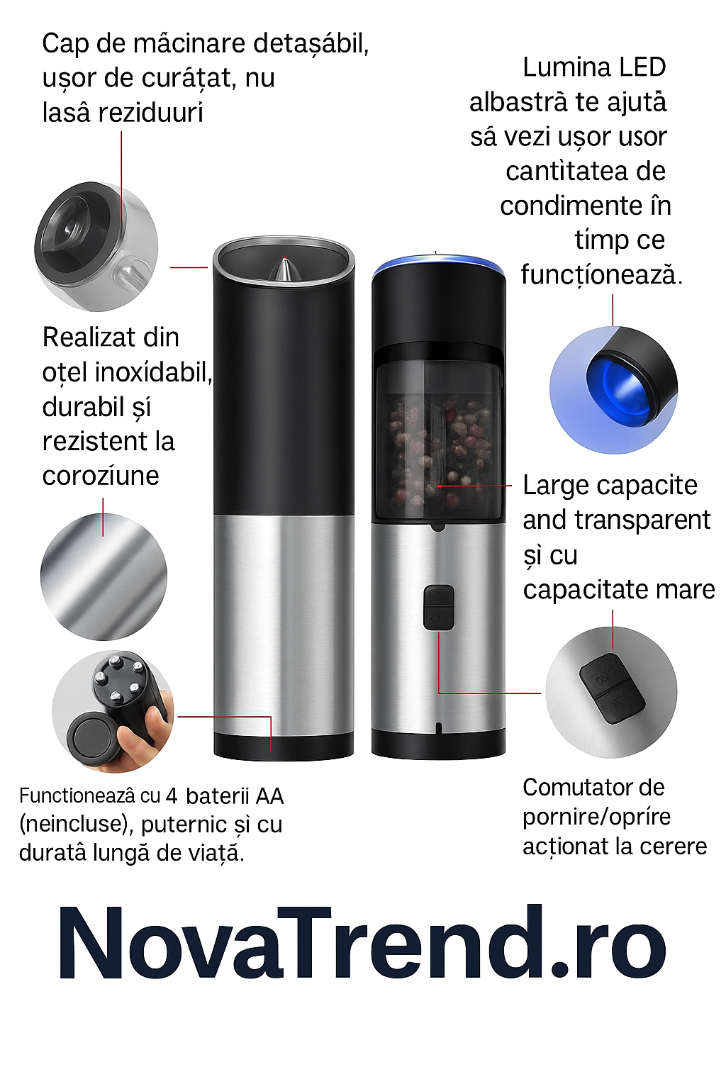 Set 1/2 Râșnițe electrice pentru sare și piper cu senzor gravitațional și lumină LED – Fashome, măcinare reglabilă