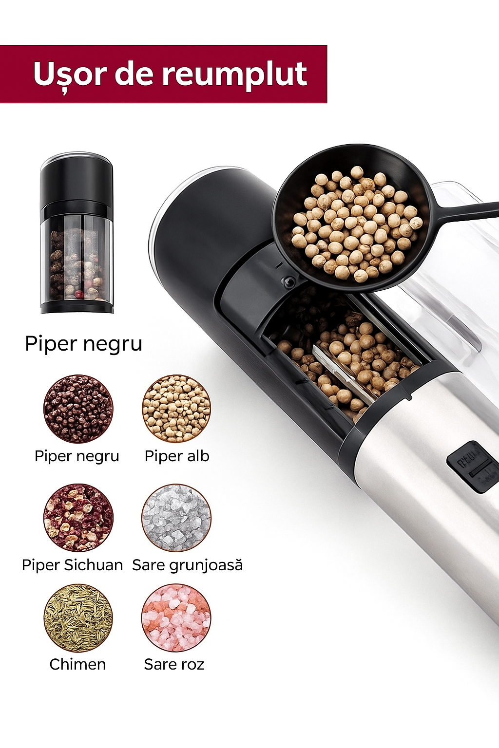 Set 1/2 Râșnițe electrice pentru sare și piper cu senzor gravitațional și lumină LED – Fashome, măcinare reglabilă