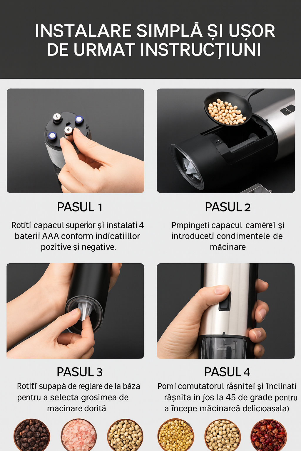 Set 1/2 Râșnițe electrice pentru sare și piper cu senzor gravitațional și lumină LED – Fashome, măcinare reglabilă