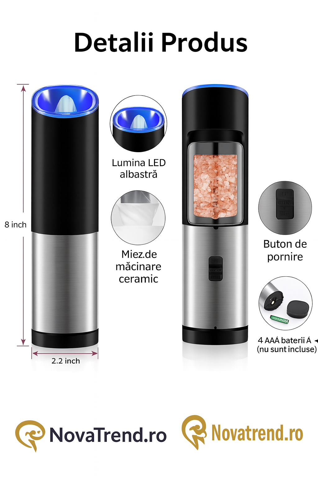 Set 1/2 Râșnițe electrice pentru sare și piper cu senzor gravitațional și lumină LED – Fashome, măcinare reglabilă