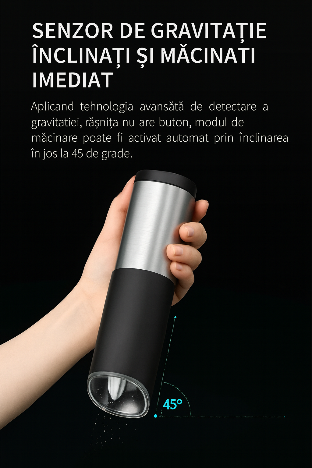 Set 1/2 Râșnițe electrice pentru sare și piper cu senzor gravitațional și lumină LED – Fashome, măcinare reglabilă