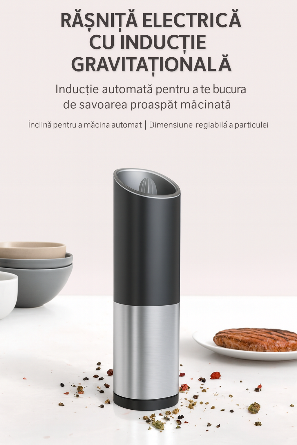 Set 1/2 Râșnițe electrice pentru sare și piper cu senzor gravitațional și lumină LED – Fashome, măcinare reglabilă