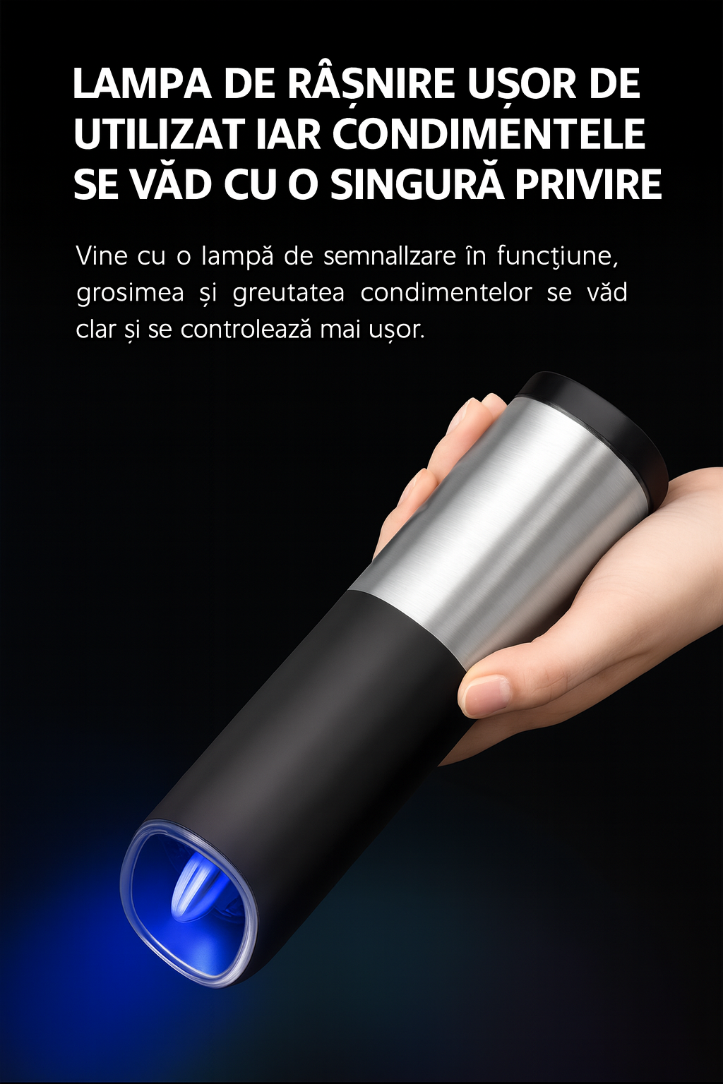 Set 1/2 Râșnițe electrice pentru sare și piper cu senzor gravitațional și lumină LED – Fashome, măcinare reglabilă